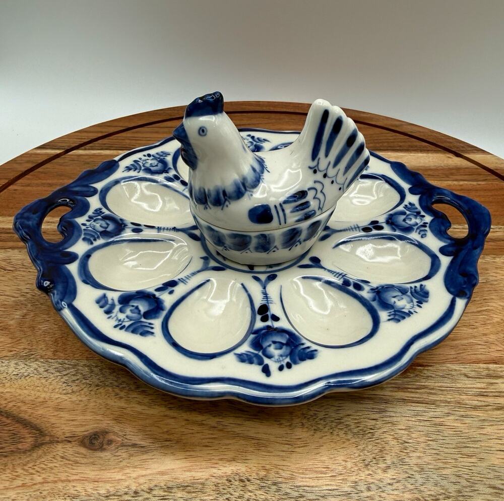 Gzhel Russian Blue & White Ceramic Egg Platter 9 Comp w/ Hen Holder + Dish